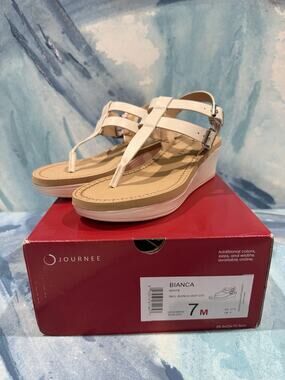 Journee Collection Bianca Double Buckle Wedge Sandals White Size 7M Indie Boho